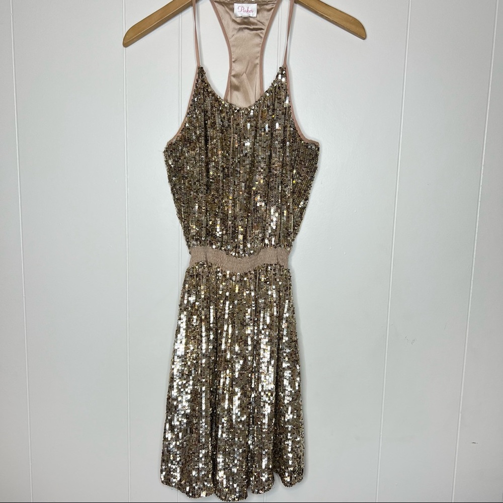 Parker Silk Gold Sequin Mini Dress Party Racerback Sz M - Picture 2 of 9
